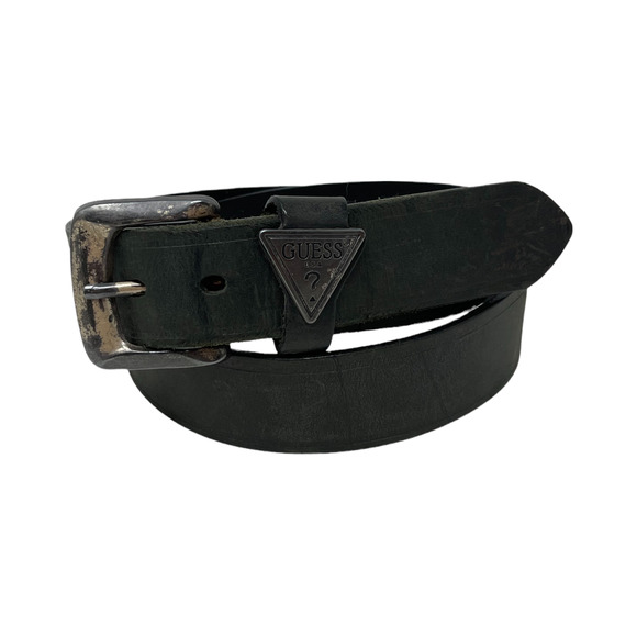 Guess Accessories - Vintage 90s Guess Black Leather Belt 36 Made in USA Triangle Logo Distressed